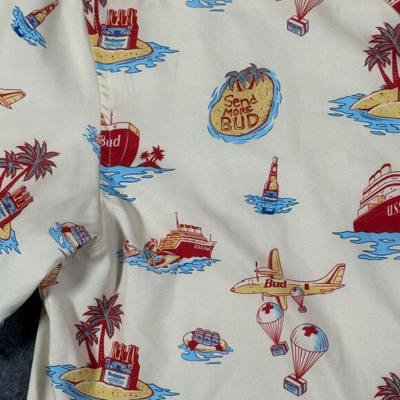 Rsvlts Budweiser Kunuflex Short Sleeve Button Shirt Cream Red Vacation Sz Large - Picture 5 of 11